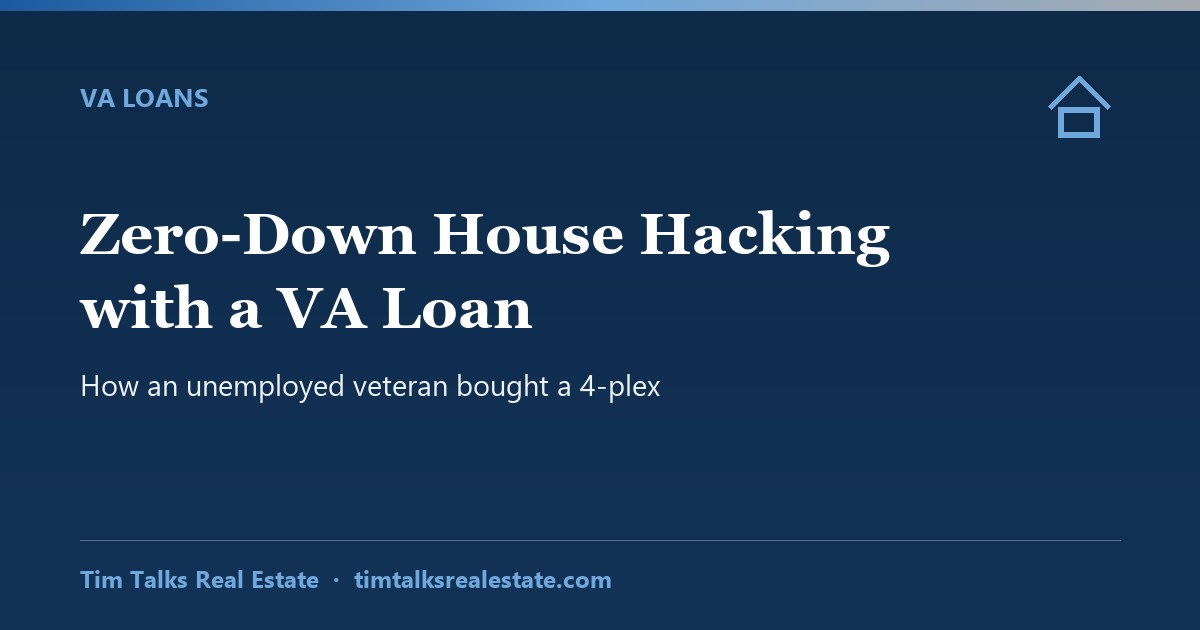 A four-unit building with a veteran holding keys, illustrating zero-down house hacking with a VA loan